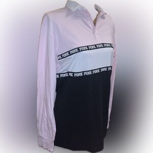 PINK Victoria's Secret Pink Black Long Sleeve Collar Rugby Shirt Retired! M